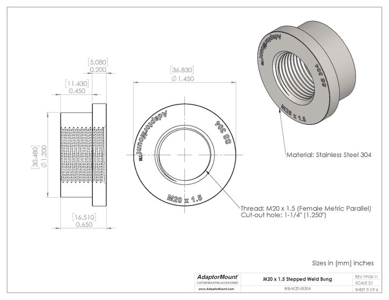 AdaptorMount M20 x 1.5 Stainless Steel 304 Female Threaded Stepped Weld Bung Metric Mounting Boss Fitting (OD 1-1/4") with Top Head (OD 1.5") - Image 5